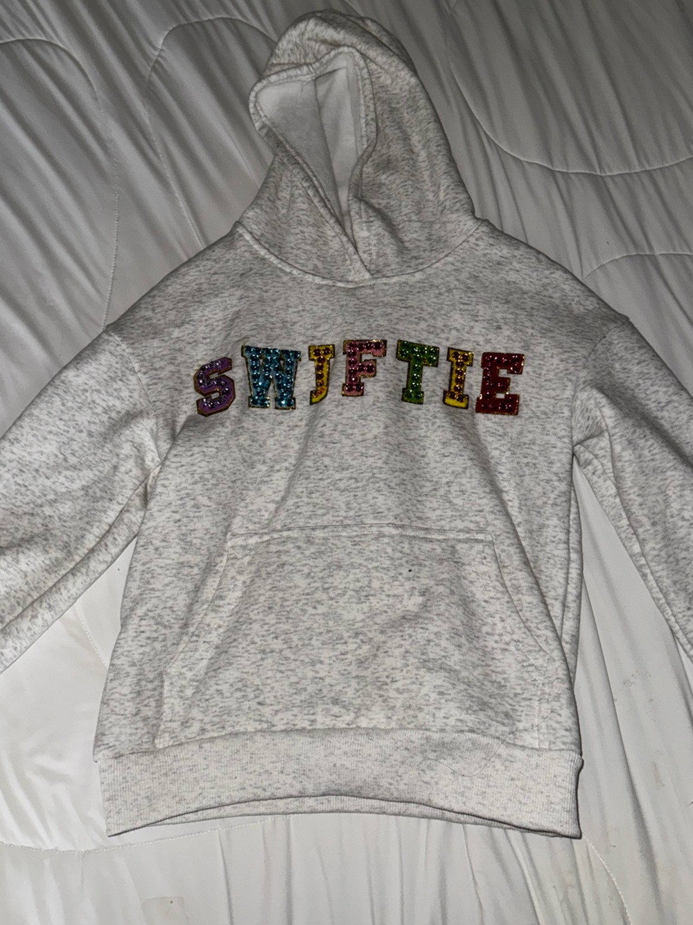 Lola + The Boys White Hooded Sweatshirt with Multicolor Sequin Letters